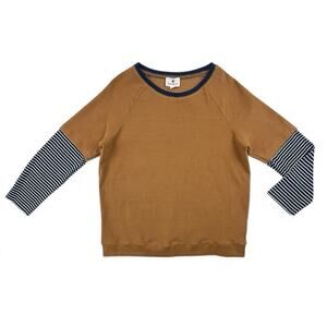 Betsey"s Boutique Shop Brown Sweatshirt Crewneck Blue Striped Sleeve Womens XL